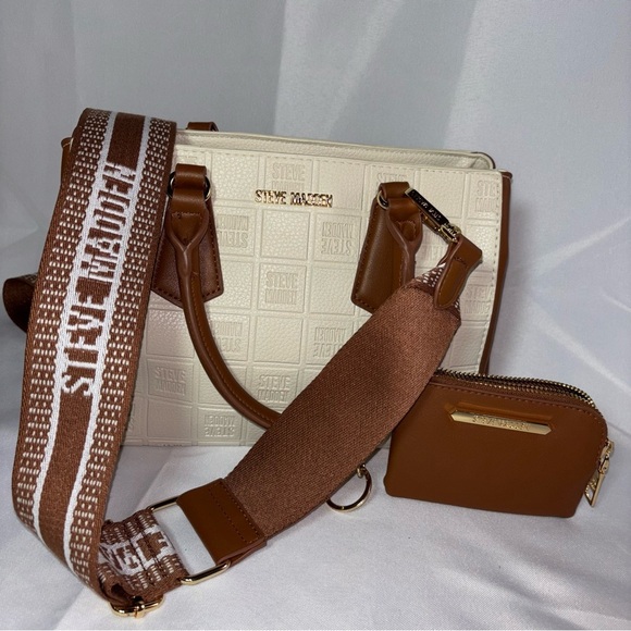 Steve Madden Bone & Brown BMICKEY Satchel Crossbody Faux Leather Logo Bag - Picture 1 of 15
